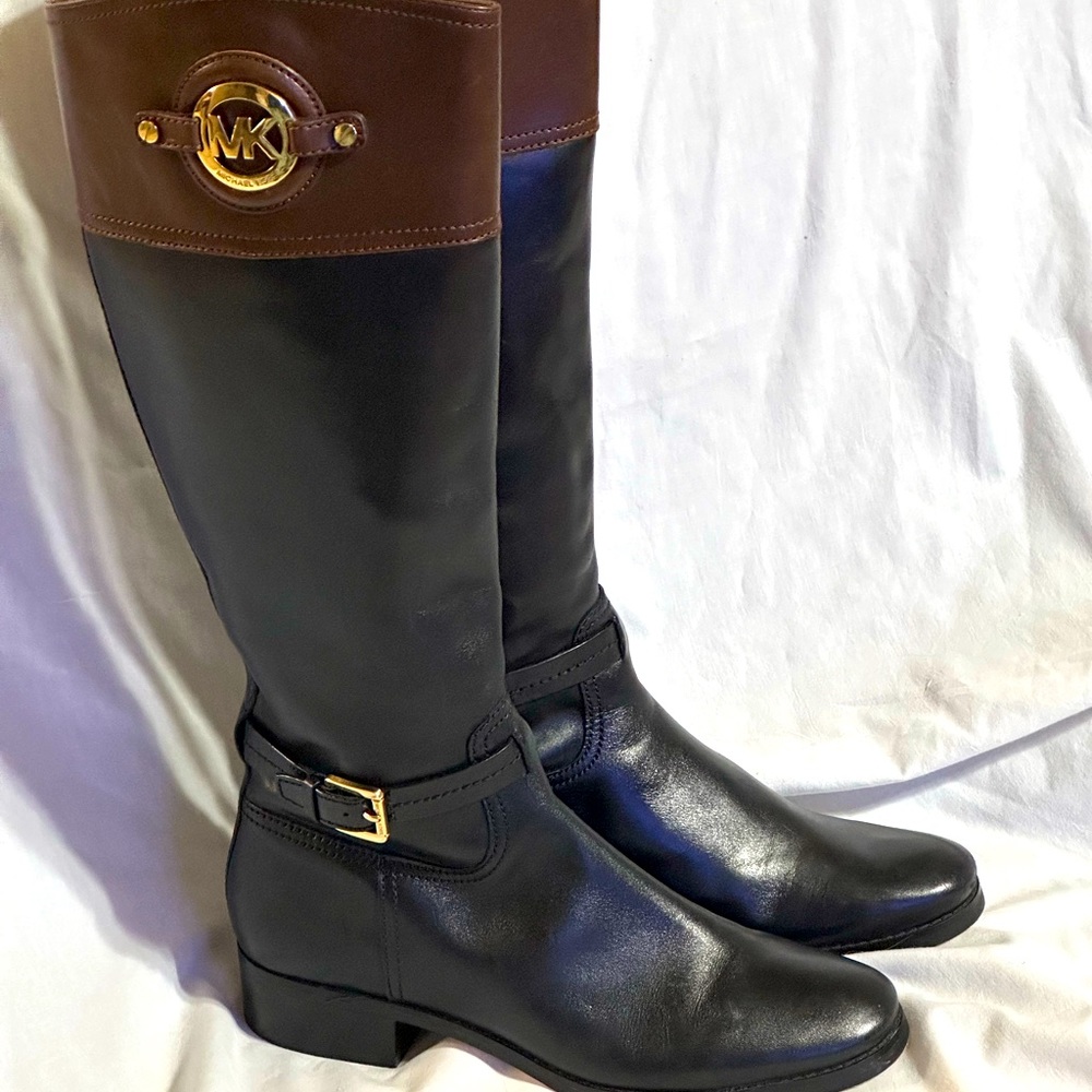 Michael Kors Black and Brown Tall Leather Riding Boots